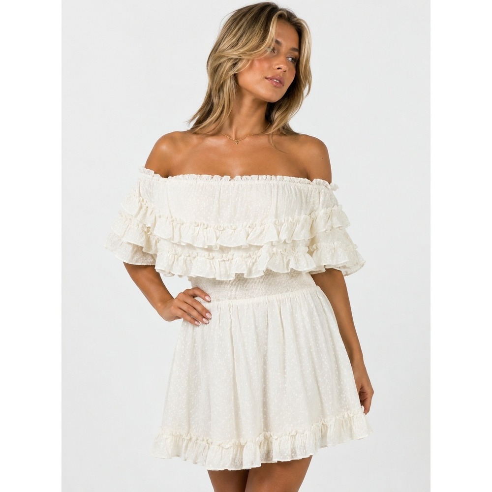NWT Indikah by Angel Biba 100% Cotton Off Shoulder Ruffle Mini Dress L New